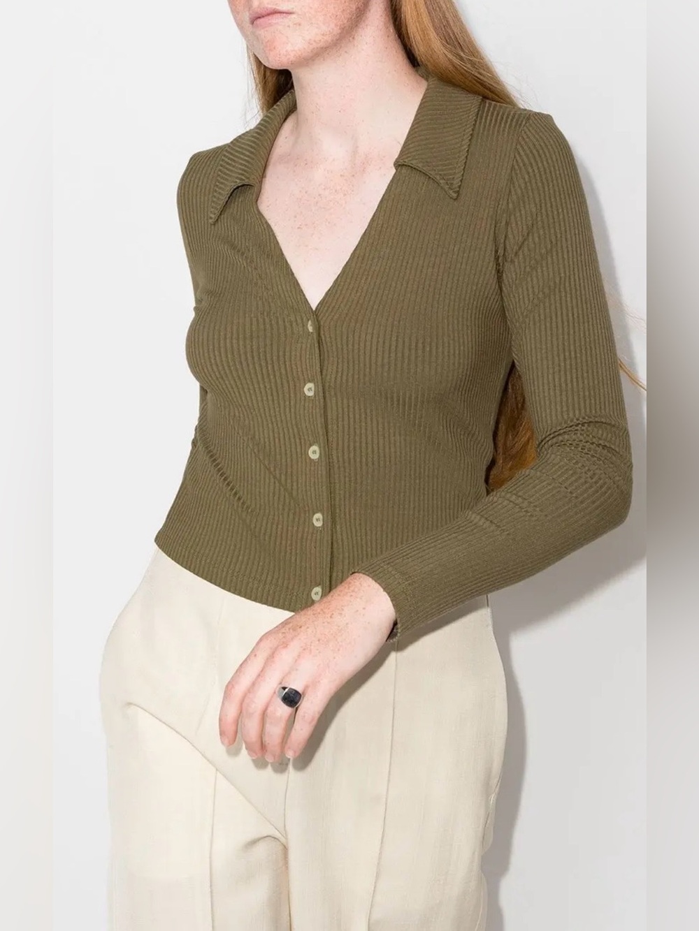 LESET Ali Ribbed Buttoned Cardigan Sage Green Cropped Top Size S